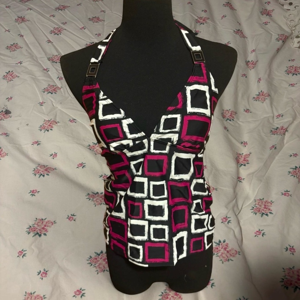 Pink and black square print halter tankini top